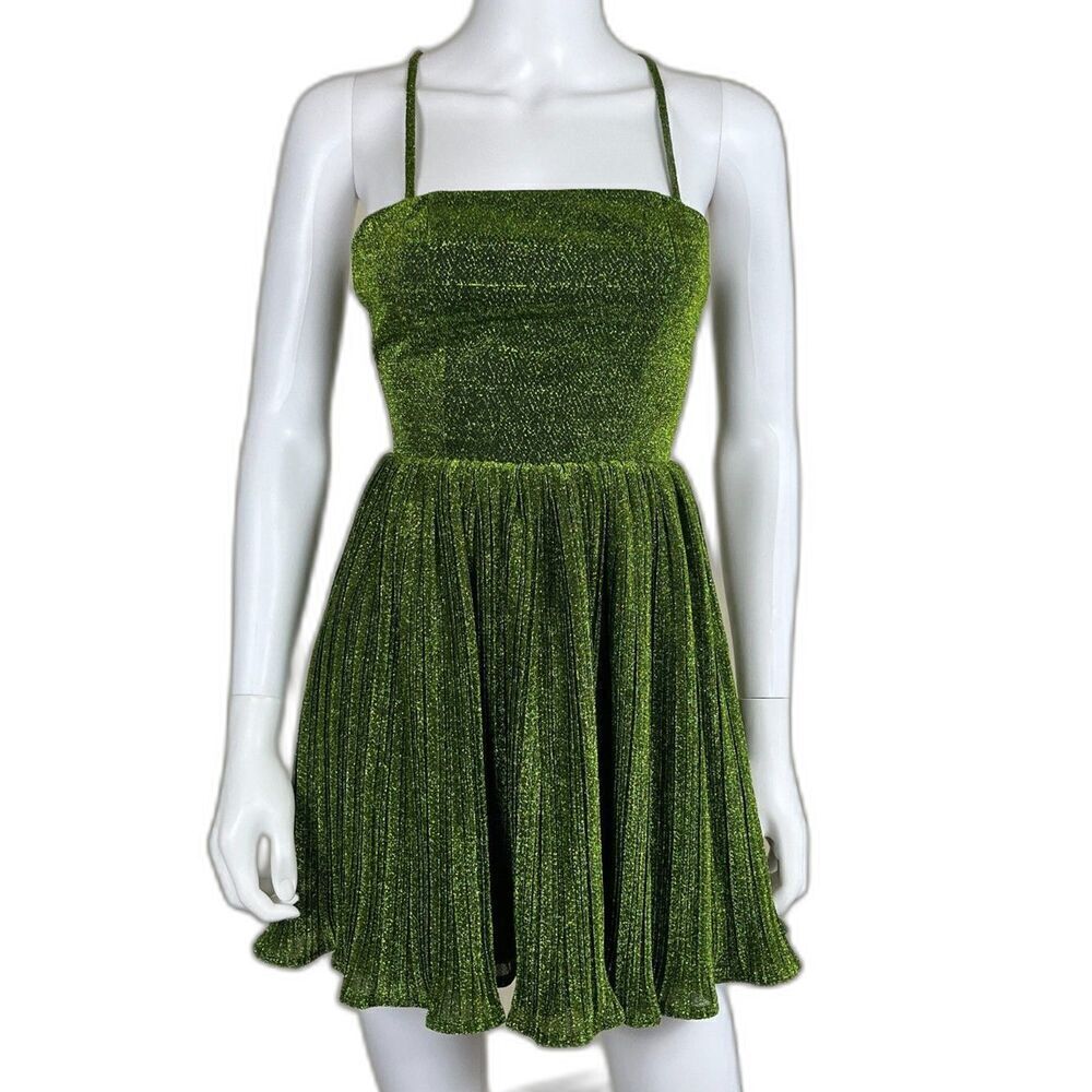 Lulus Women's Size XS Party Era Lime Green Sparkly Lace Up Pleated Skater Dress